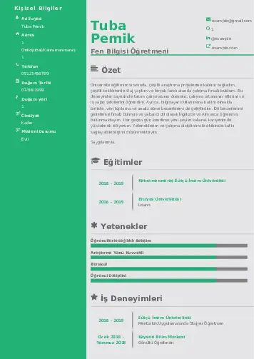 Fen Bilgisi Öğretmeni CV Örnekleri cv indir